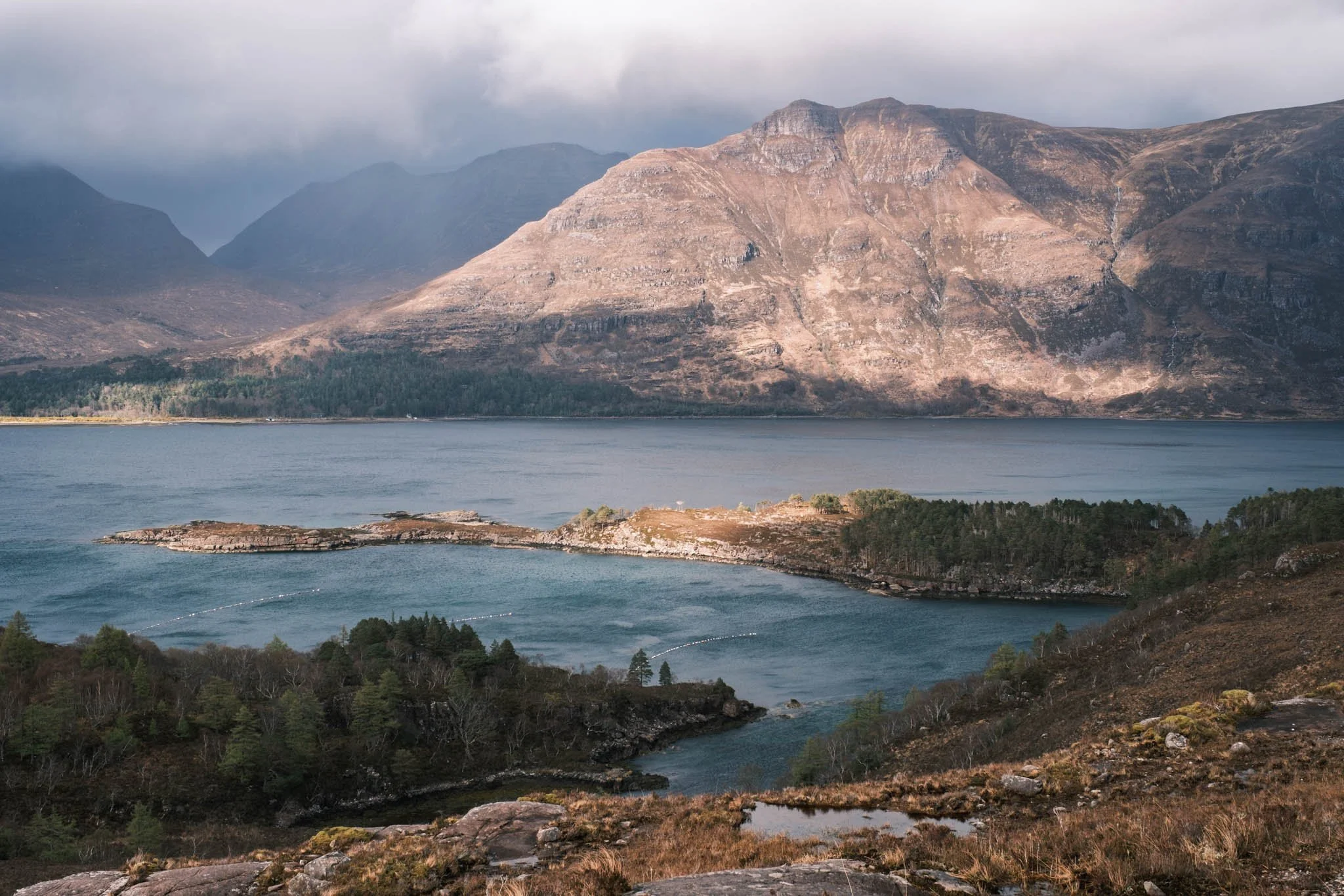 Highland - Scotland - Paysage montagneux avec des montagnes rocheuses en arrière-plan, un Loch calme au premier plan, sous un ciel nuageux, avec des zones de végétation forestière et de landes.