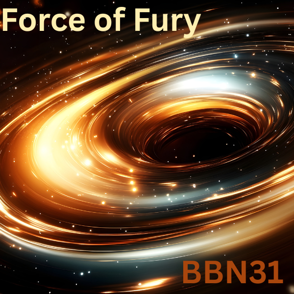 Force of Fury heavy metal podcast cover featuring a glowing black hole, cosmic background, and BBN31 branding.