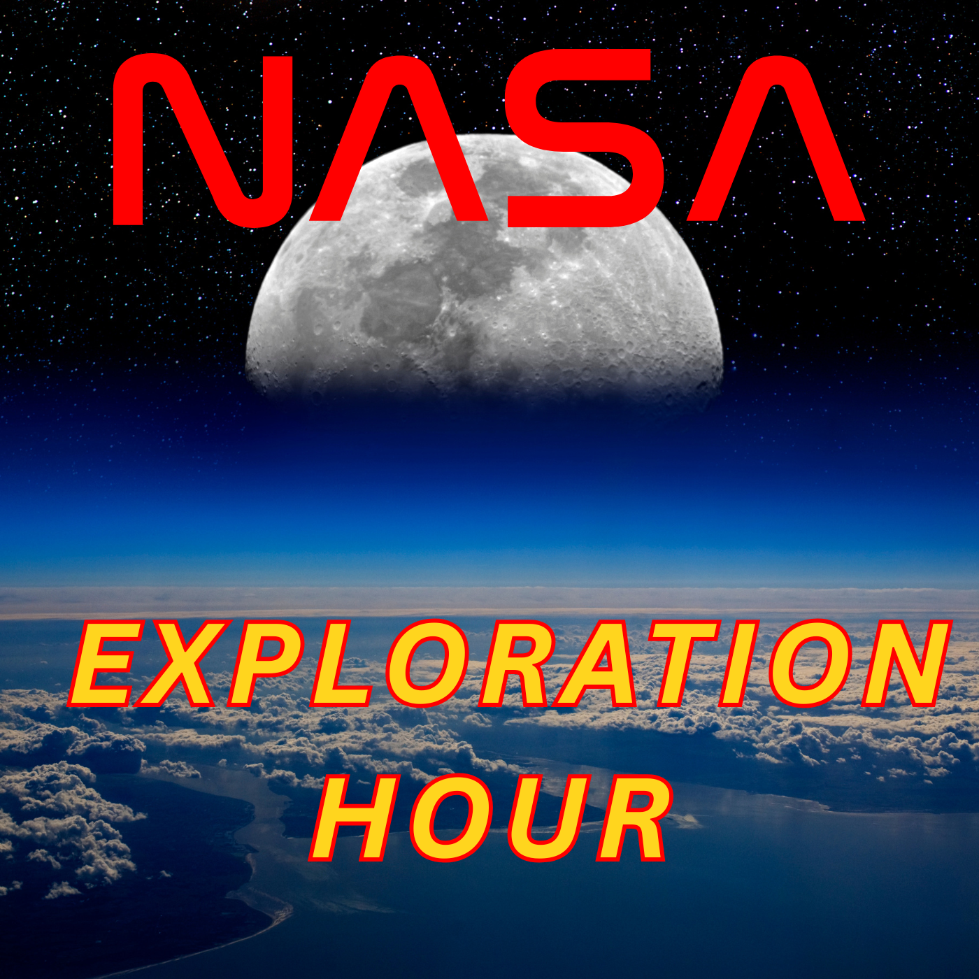 NASA Exploration Hour space podcast cover featuring the moon, Earth, stars, and BBN31 branding.