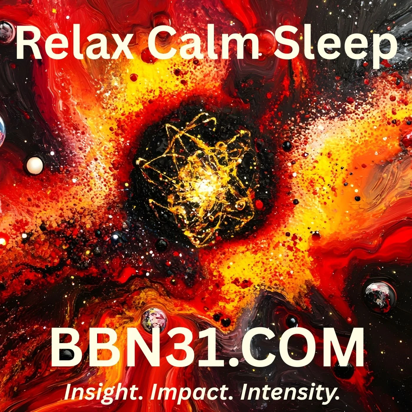 Relax Calm Sleep ambient music cover featuring abstract fiery artwork and BBN31 branding.