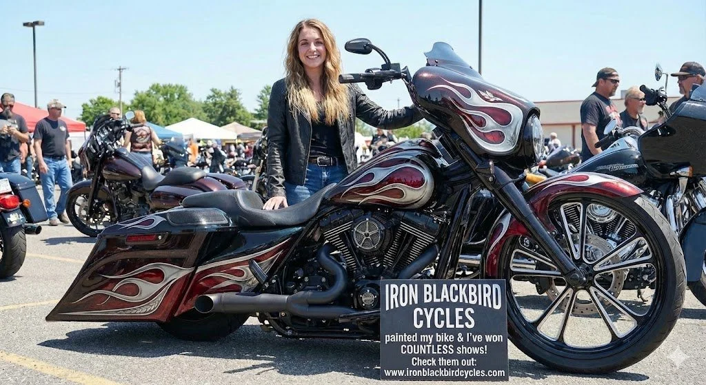 A woman with long blonde hair standing next to a black and red custom motorcycle with flame designs at an outdoor motorcycle show, holding the motorcycle's handlebars. of an Iron blackbird cycle freshly painted by iron blackbird cycles