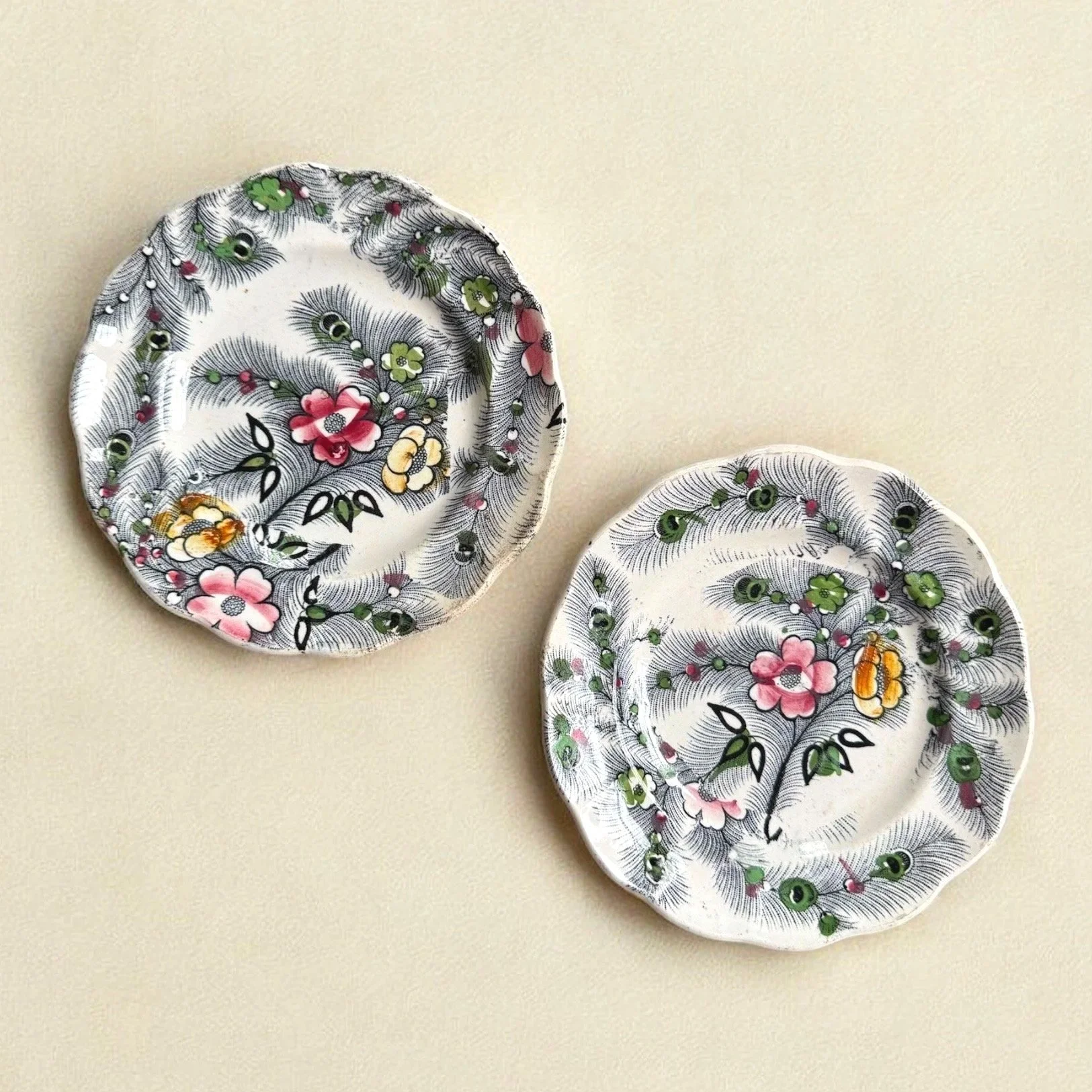 Pair of Wood & Challinor Hand-Painted Feather Plates