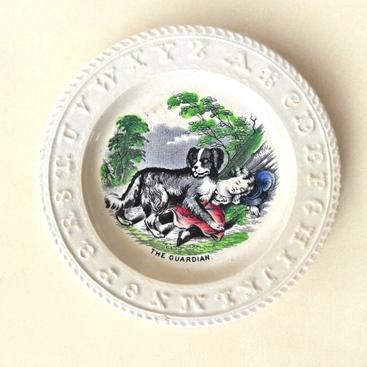 19th Century English Pearlware Alphabet Nursery Plate "The Guardian"