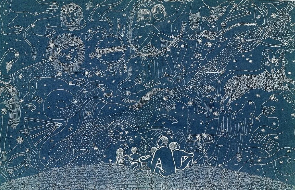 Starry night sky mural with zodiac animals and figures including lion, dragon, horse, and archer.