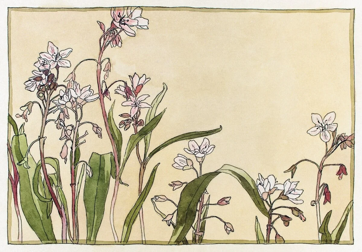 A watercolor illustration of delicate pink and white flowers with green leaves and stems against a light beige background.