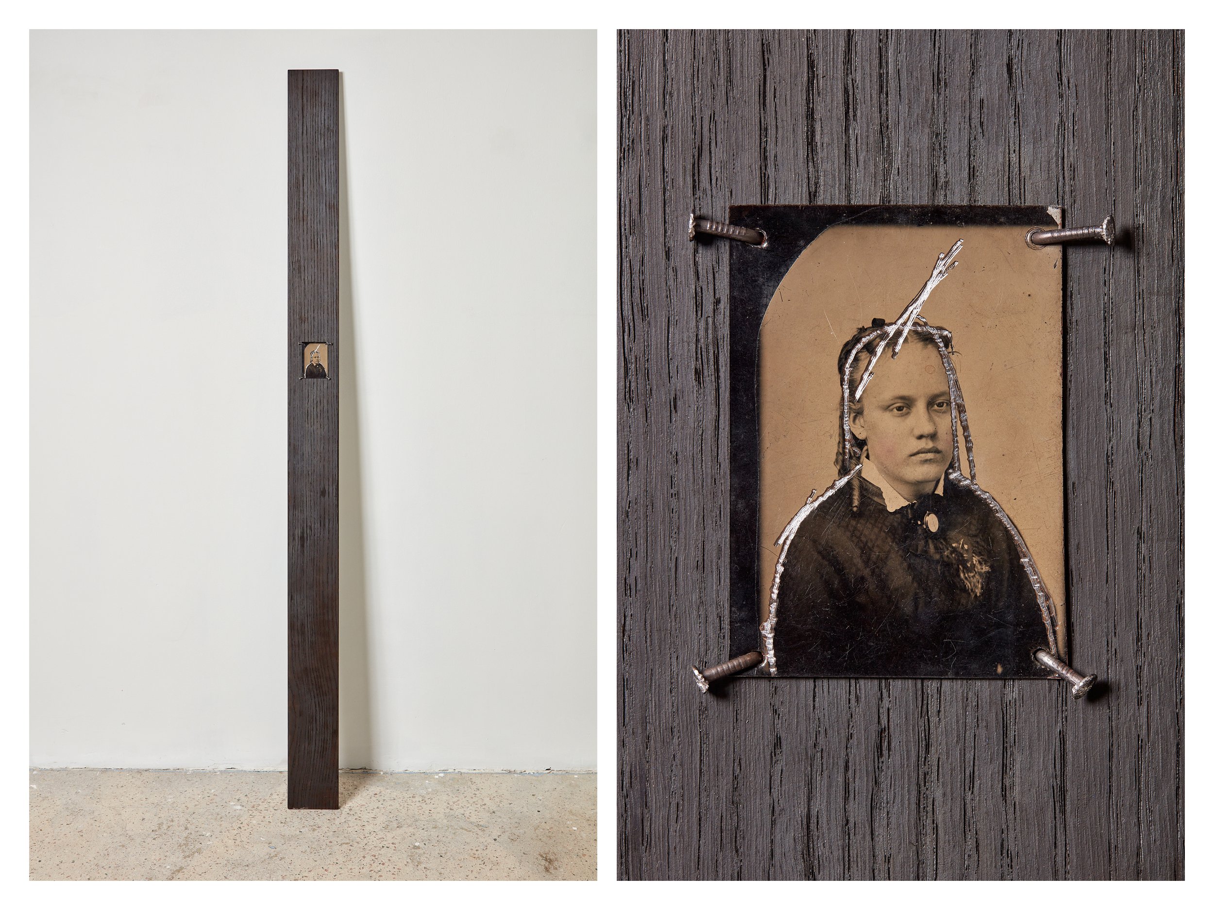  Wells Watson 
 So-Called, 2025, (VIII) 
 Scratched tintypes, carbonized red oak, nails 