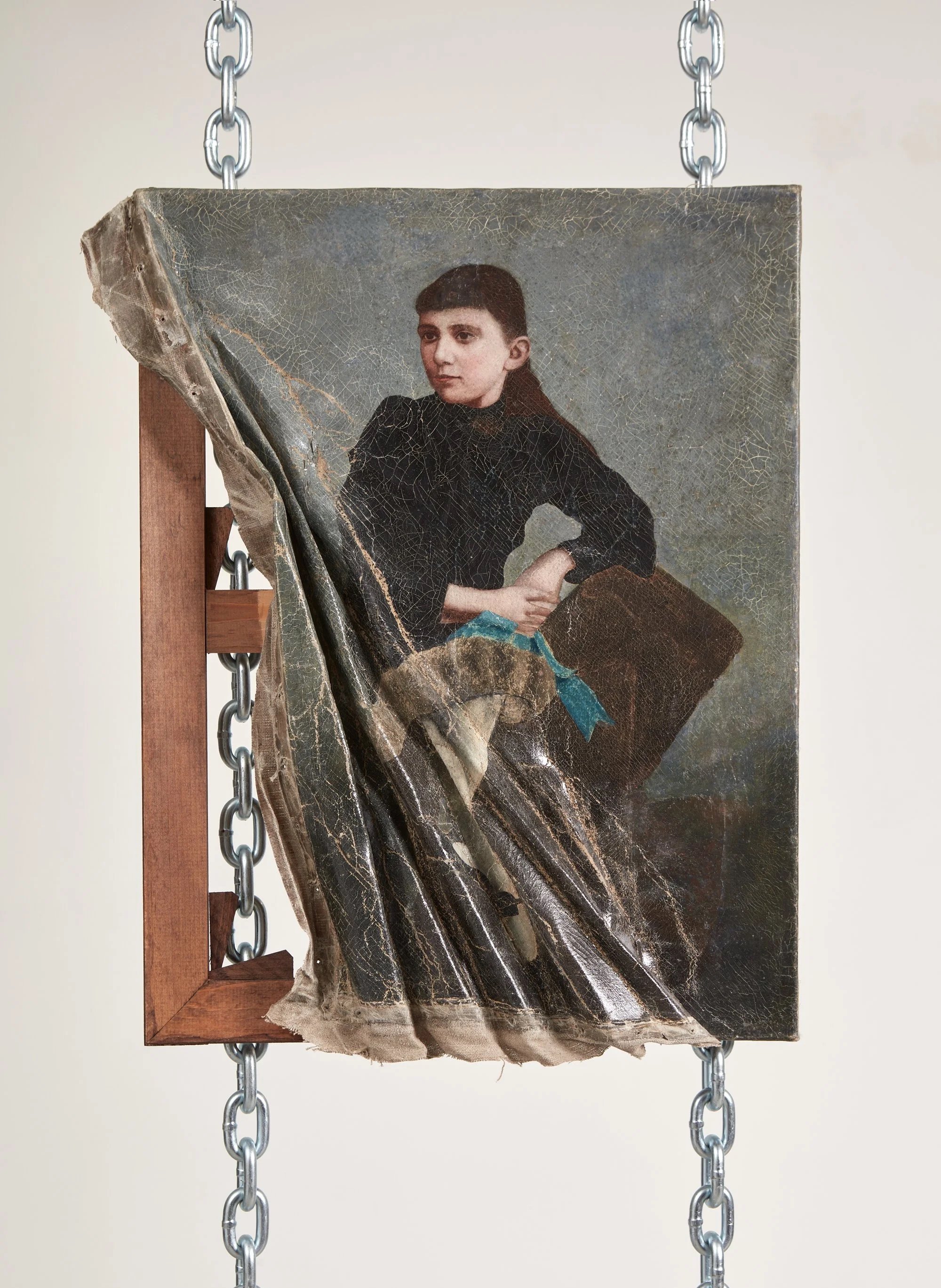  Wells Watson 
 Not Nearly At All, 2025 
 Oil on deconstructed canvas, chains 