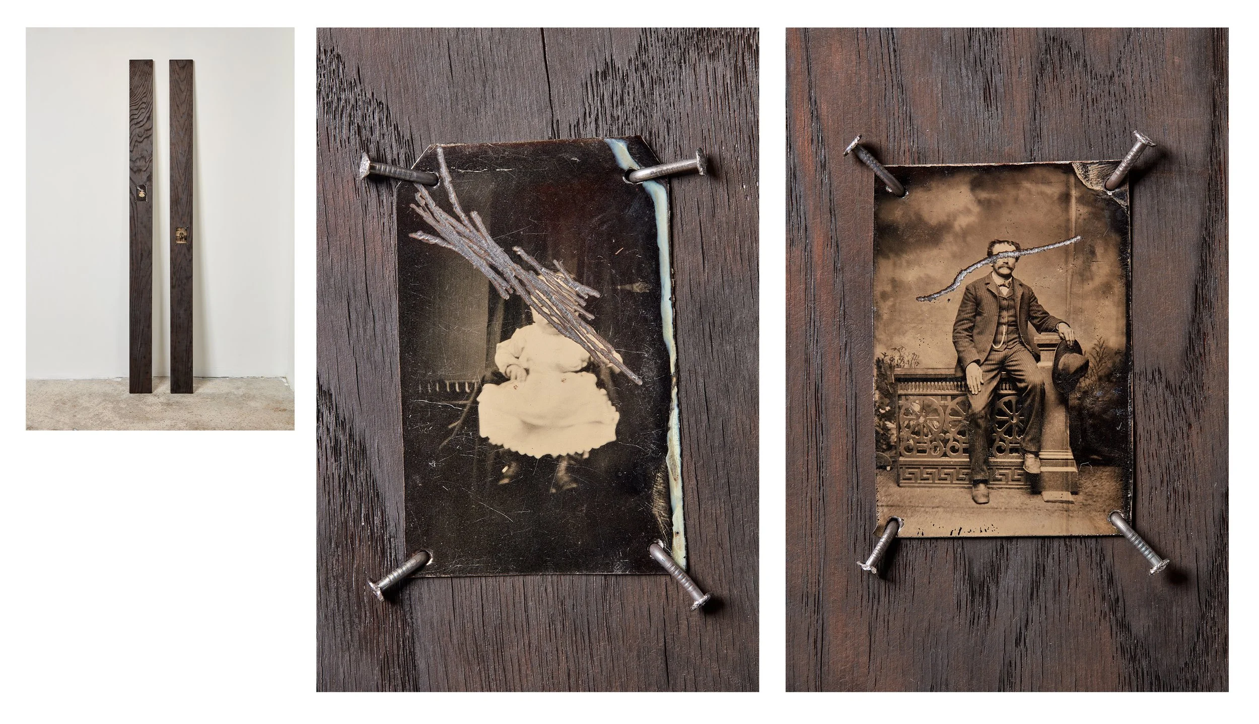  Wells Watson 
 So-Called, 2025,  (V, VI) 
 Scratched tintype, carbonized red oak, nails 