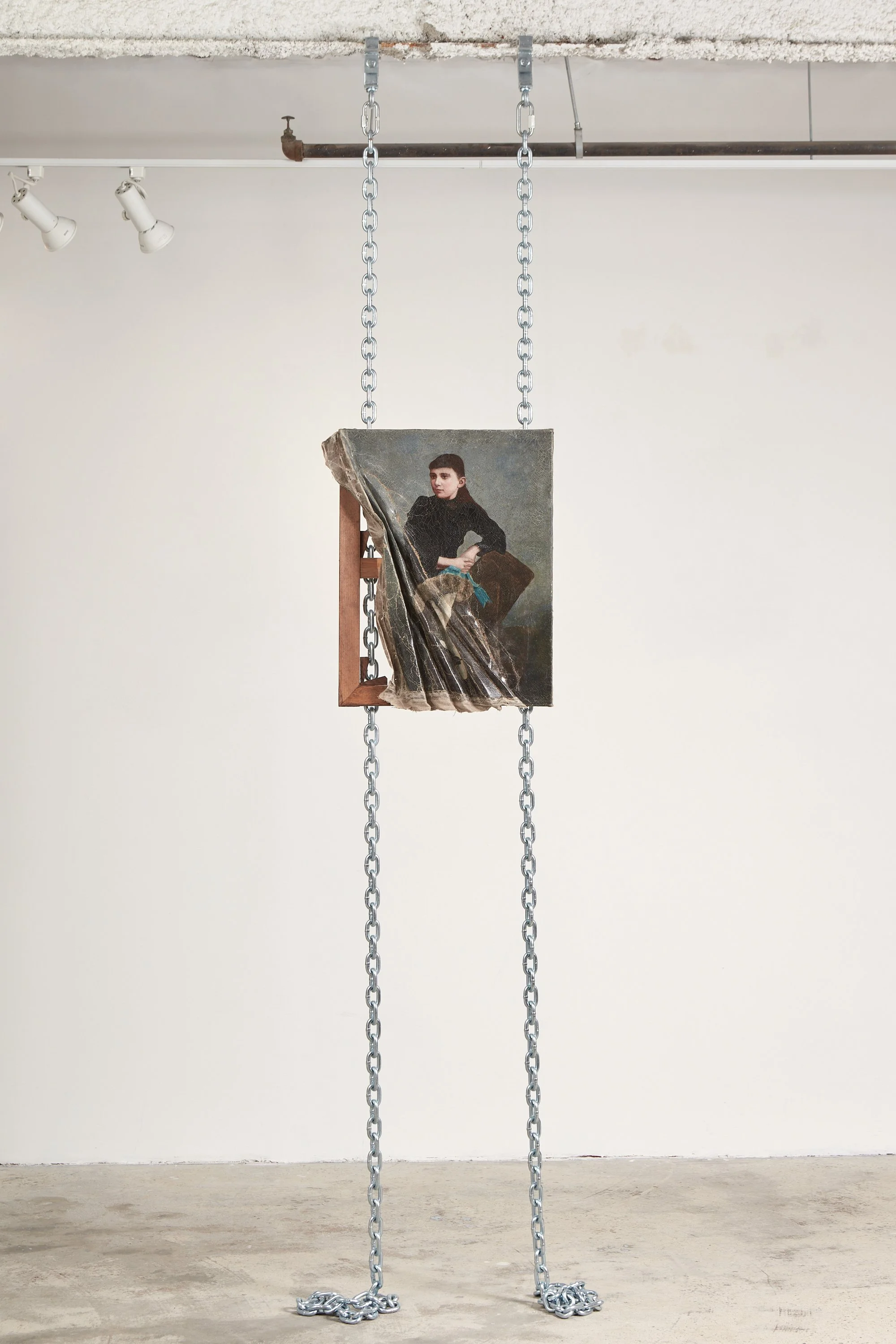  Wells Watson 
 Not Nearly At All, 2025 
 Oil on deconstructed canvas, chains 