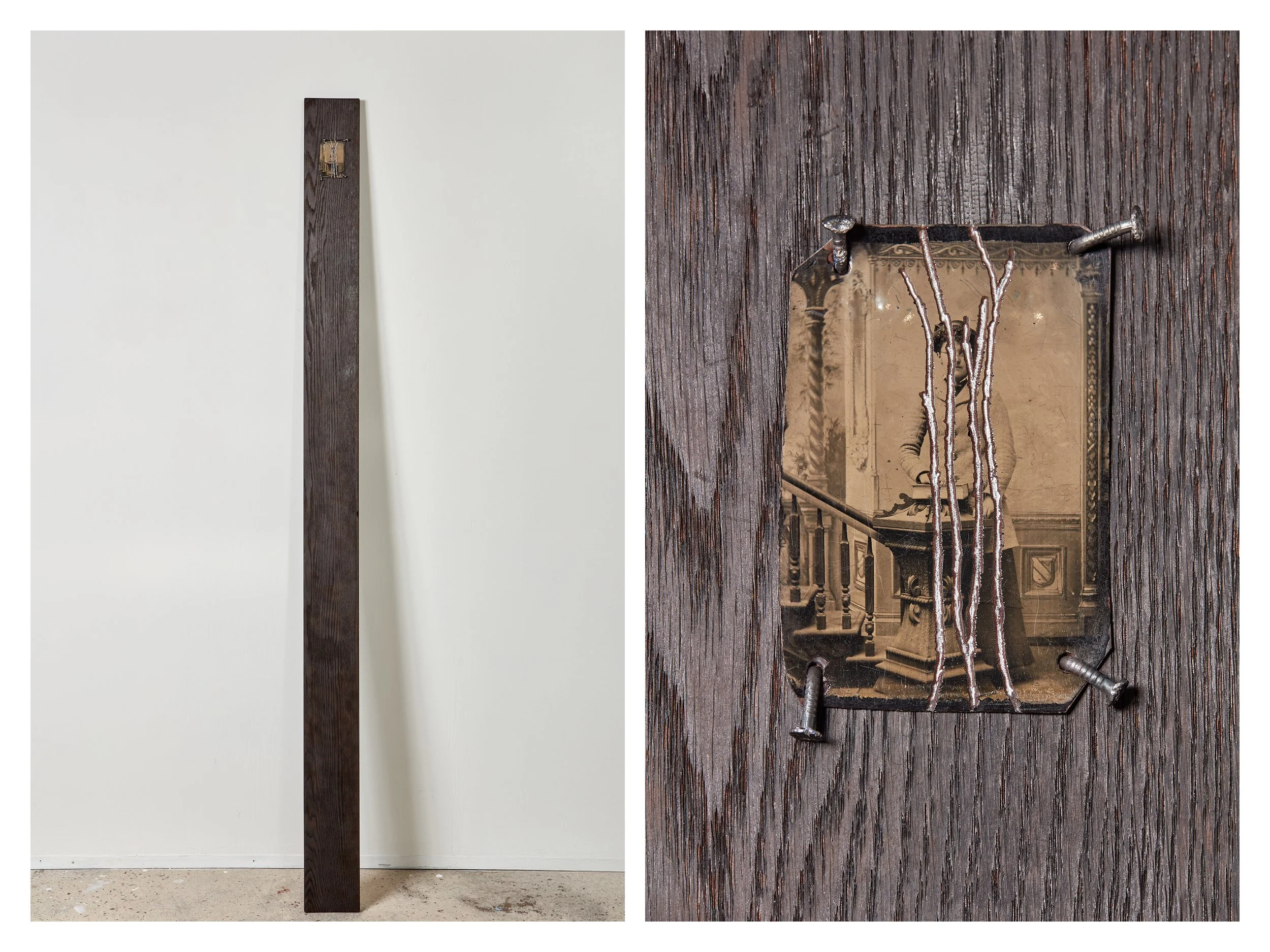  Wells Watson 
 So-Called, 2025,  (IV) 
 Scratched tintype, carbonized red oak, nails 
