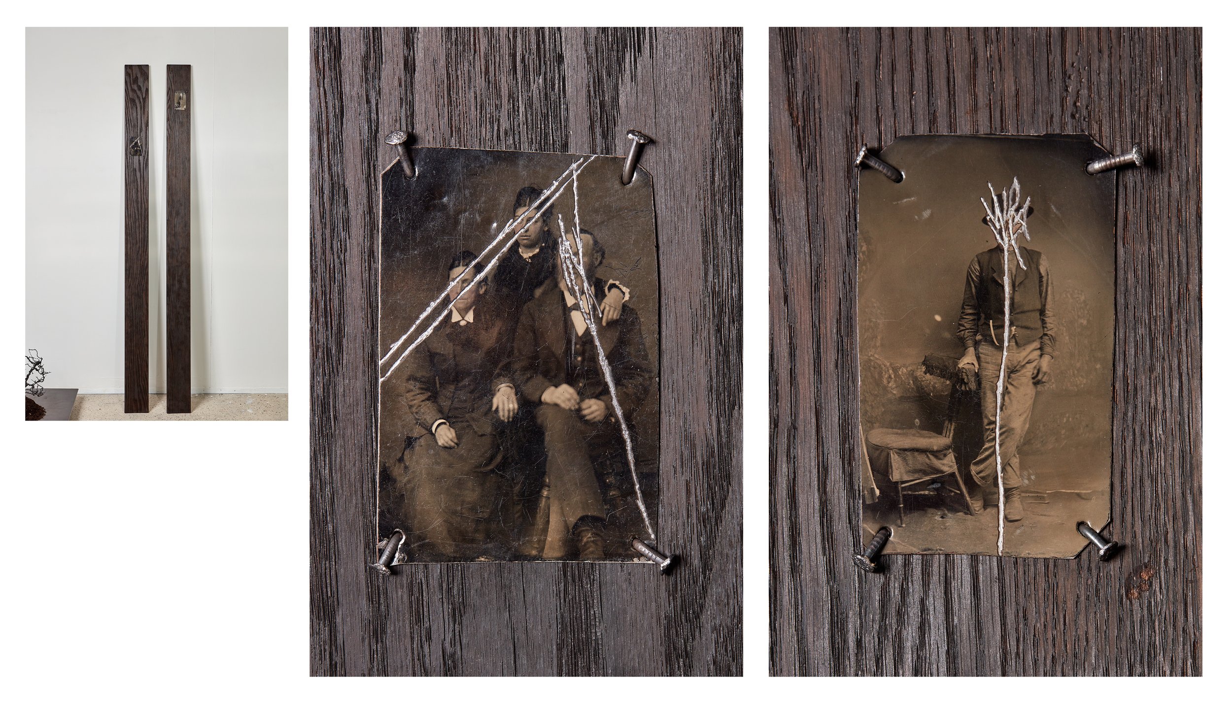  Wells Watson 
 So-Called, 2025, (II, III) 
 Scratched tintypes, carbonized red oak, nails 
