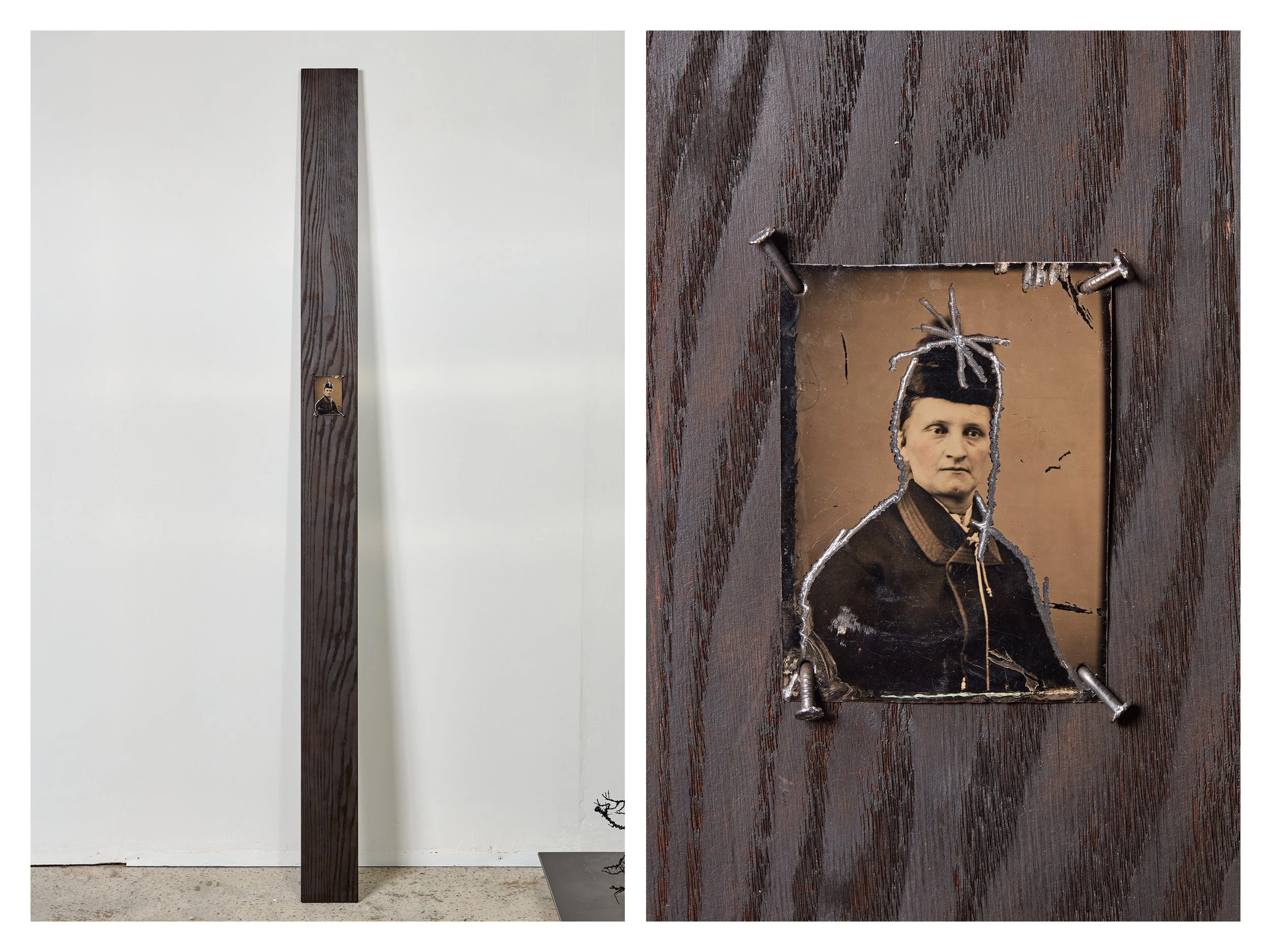  Wells Watson 
 So-Called, 2025, (I) 
 Scratched tintypes, carbonized red oak, nails 