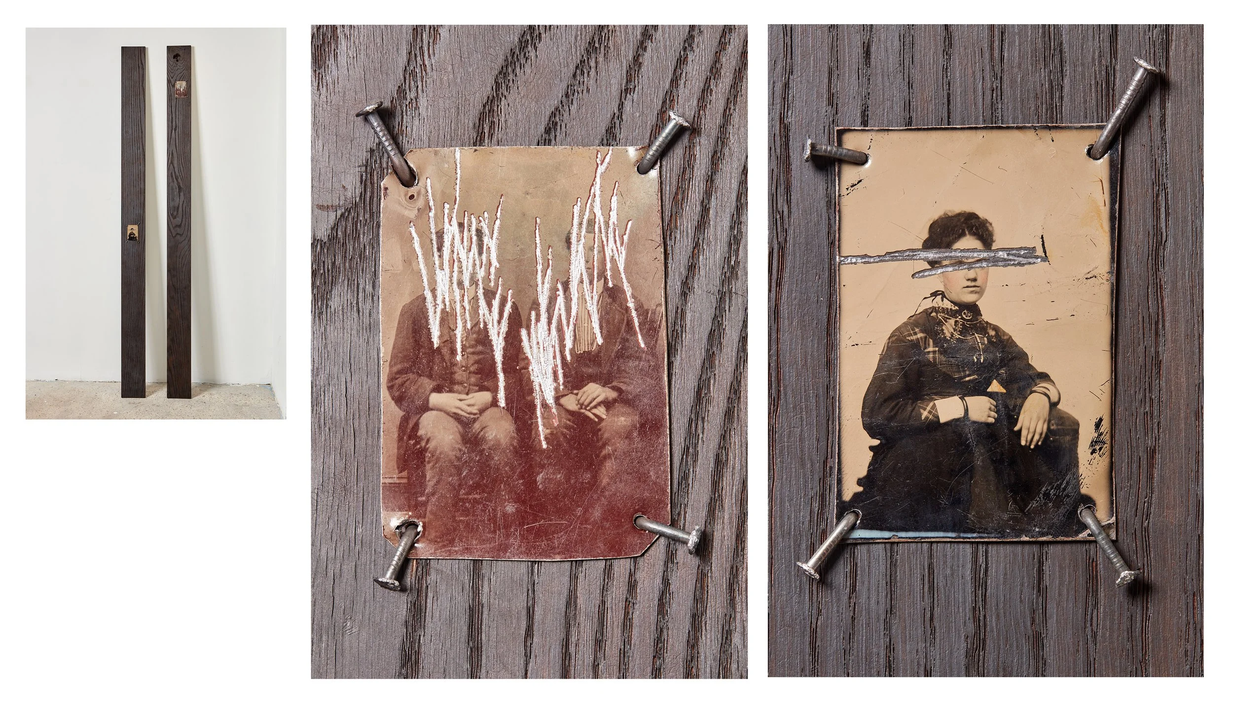  Wells Watson 
 So-Called, 2025, (IX,X) 
 Scratched tintypes, carbonized red oak, nails 