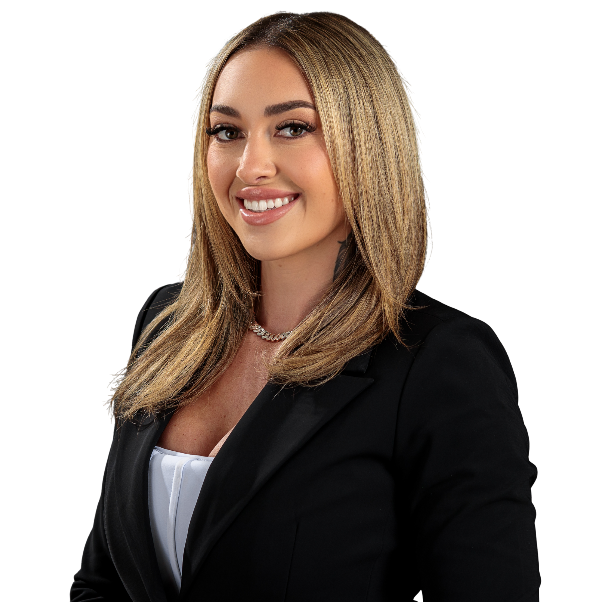 Professional woman with blonde hair wearing a black blazer and a necklace, smiling at the camera.