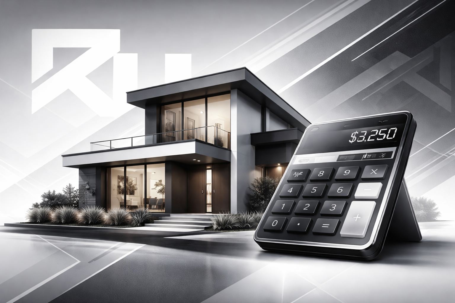 Modern two-story house with large glass windows and front steps, with a debit card and calculator showing a balance of $3,250 in the foreground.