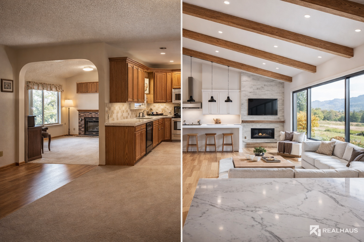 Side-by-side comparison of an older, traditional living room and kitchen with darker wood cabinets, beige tile backsplash, and carpet flooring on left, and a modern, open-concept living room and kitchen with white cabinets, wood accents, and light hardwood floors on right.