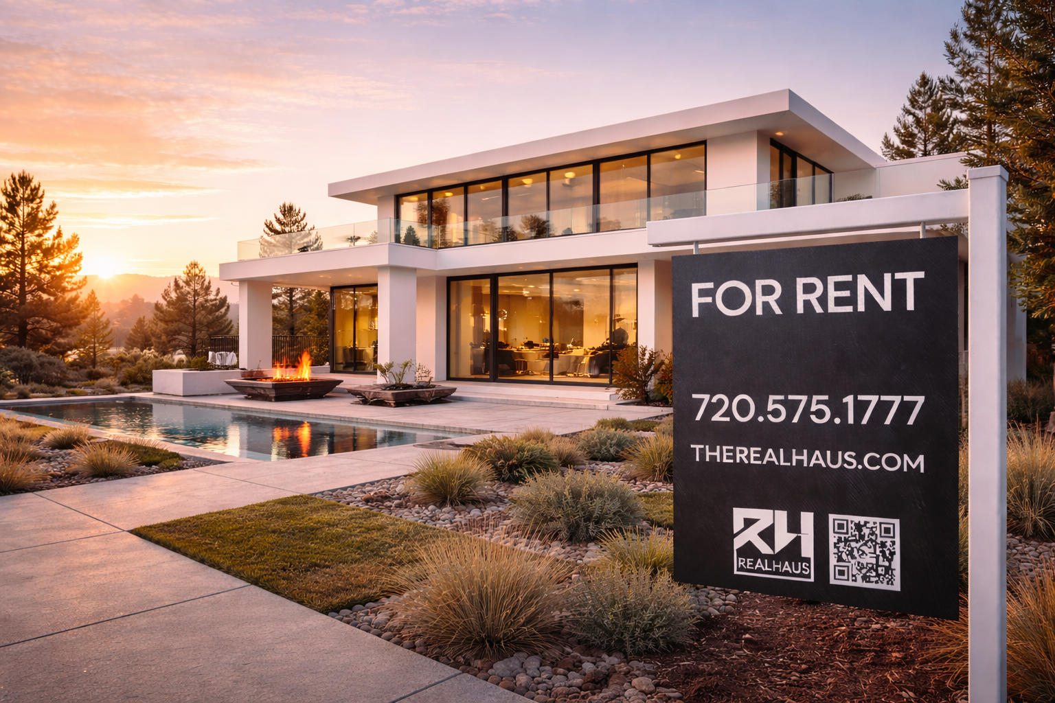 Modern house with large glass windows and a swimming pool in the backyard, with a sunset in the background, and a 'For Rent' sign with contact information in the foreground.