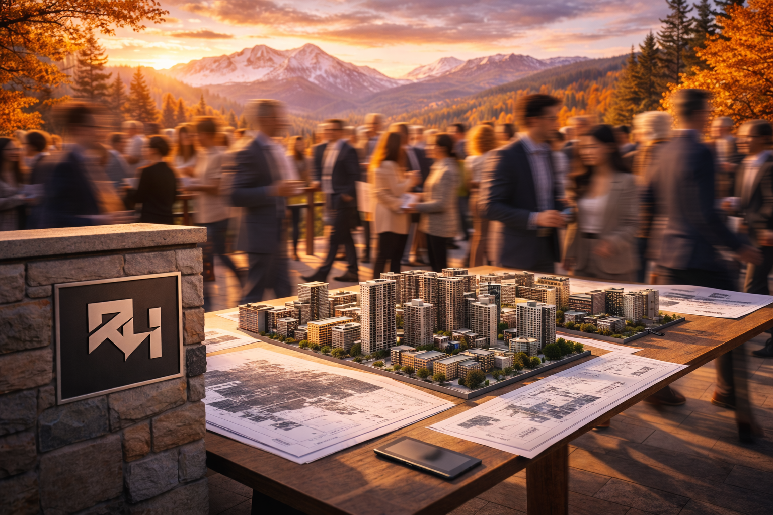 A detailed scale model of a city development project on a table with architectural plans, in front of an outdoor gathering at sunset with mountains and trees in the background.