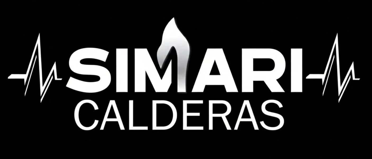 El logo de 'Simari Calderas' con un diseño en colores blanco y gris sobre fondo negro, incluyendo una llama y signos de electrocardiograma.