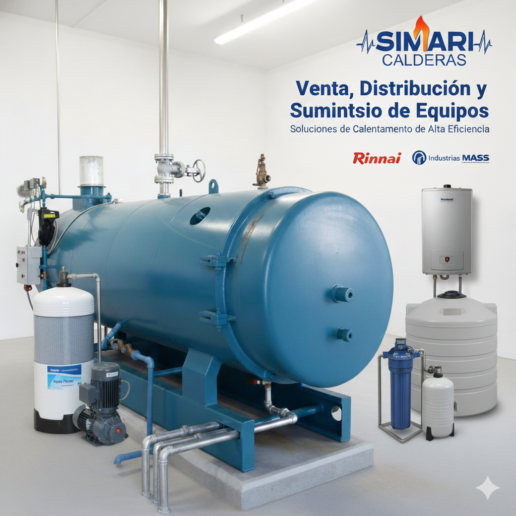 Equipo de calefacción industrial en una sala blanca con cartel que dice Venta, Distribución y Suministro de Equipos, Soluciones de Calentamiento de Alta Eficiencia, con logotipos de SIMARH CALDERAS, Rinnai e Industrias MASS.