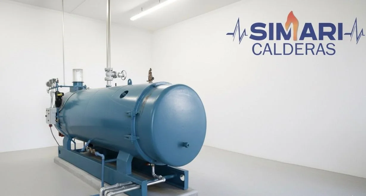 Caldera de calefacción en una sala, con el logo 'Simar Calderas' en la pared
