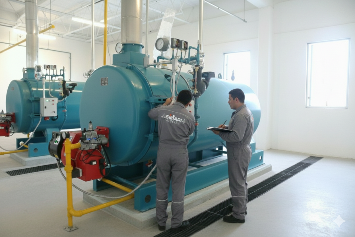 Dos técnicos en uniforme inspeccionan una caldera industrial en un ambiente de planta. Uno de ellos toma notas mientras el otro ajusta un componente.