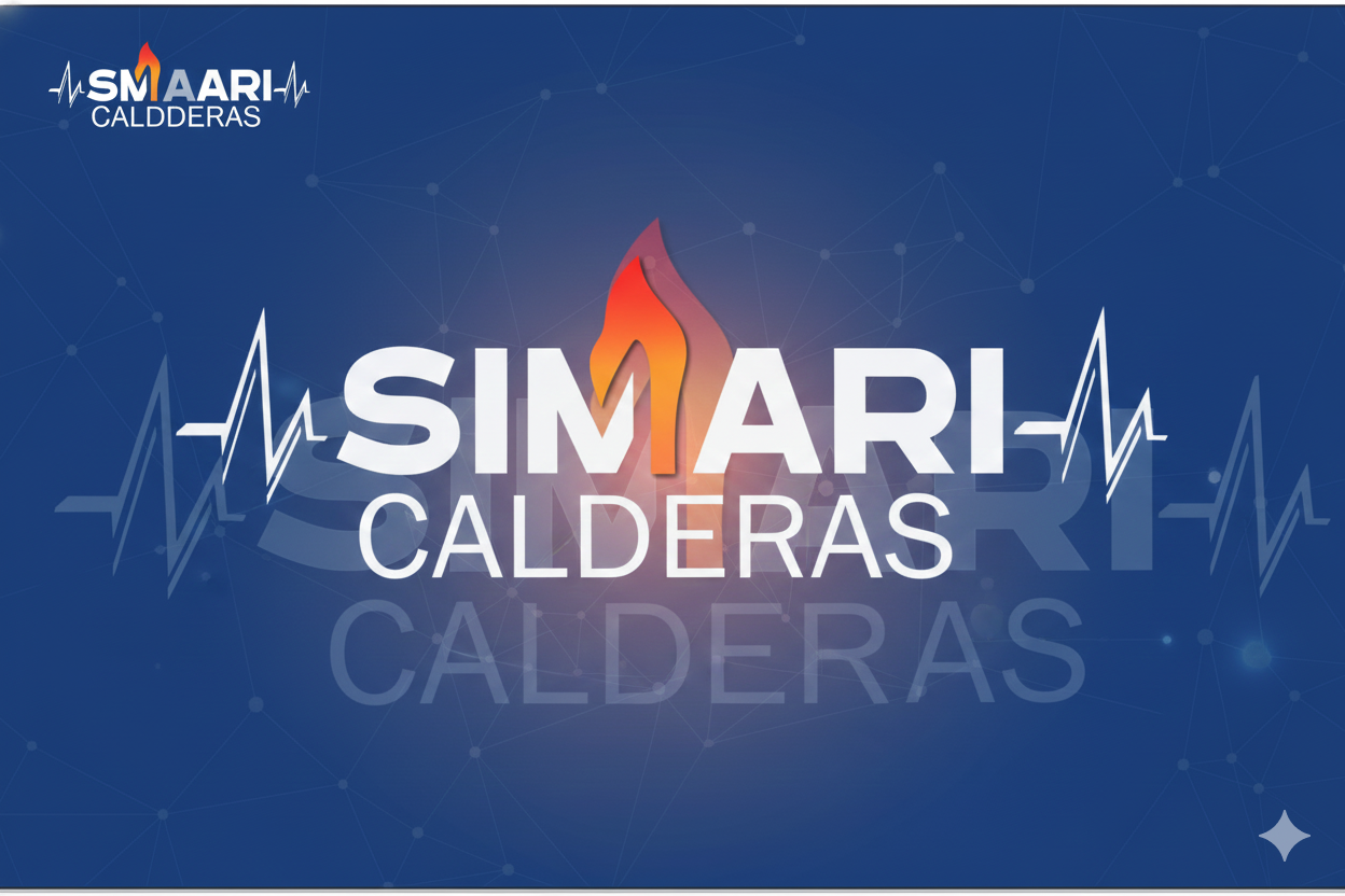 El logotipo de SMAARI CALDERAS con un fondo azul y un icono de llama en el centro, acompañado de gráficos de líneas de electrocardiograma y puntos que representan una red o conectividad.