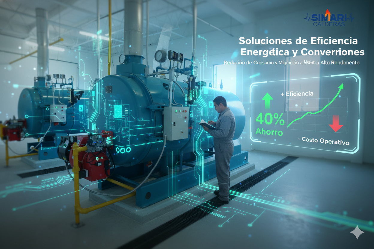 Imagen de un hombre con uniforme operando una caldera industrial en una sala de máquinas, con gráficos digitales y texto superpuestos que hablan de soluciones de eficiencia energética, ahorro, aumento de eficiencia y reducción de costos operativos.