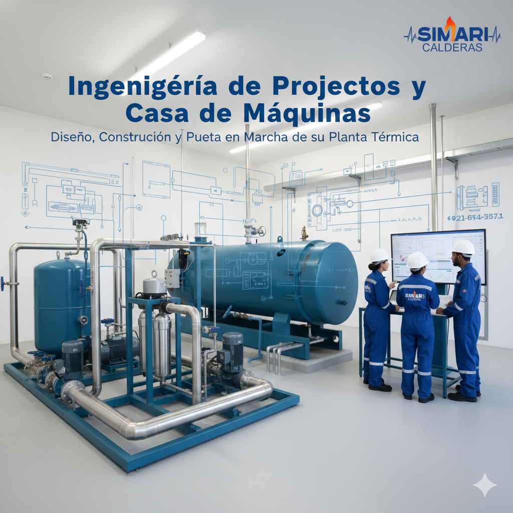 Personal técnico en la sala de calderas de una planta térmica, con maquinaria y diagramas técnicos en la pared, promoviendo ingeniería de proyectos y construcción de sistemas de calderas.