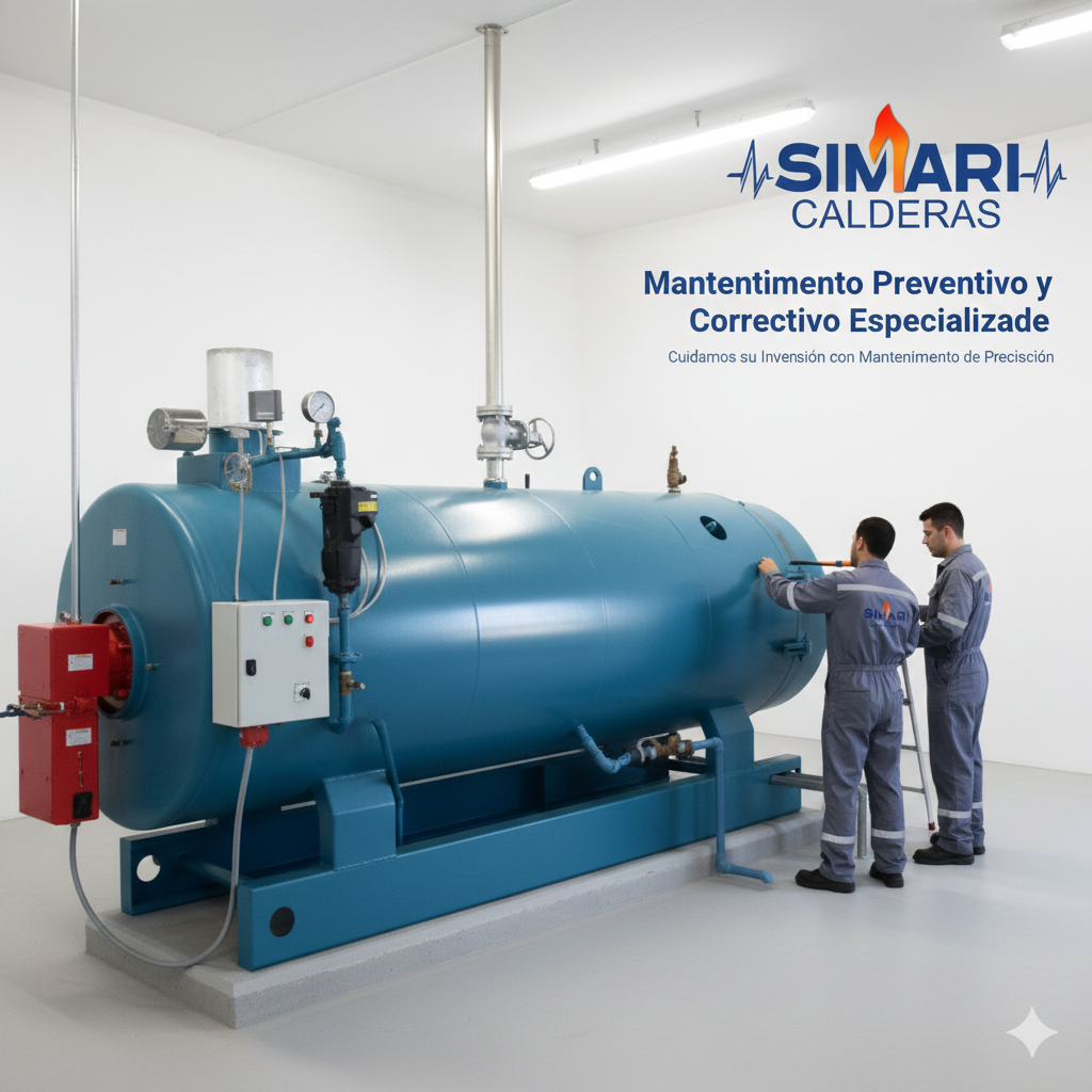 Dos técnicos en uniformes de la empresa SIMARI CALDERAS trabajan en una caldera industrial azul en un ambiente limpio y bien iluminado, en un taller o sala de mantenimiento.
