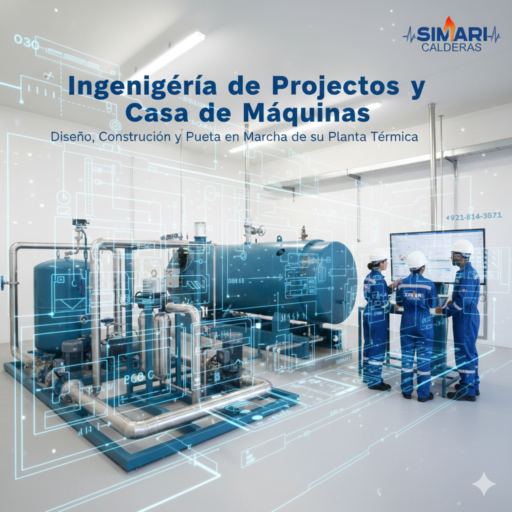 Grupo de técnicos en casco y uniformes azules revisando una pantalla en una sala de calderas con maquinaria y un esquema digital sobre la imagen.