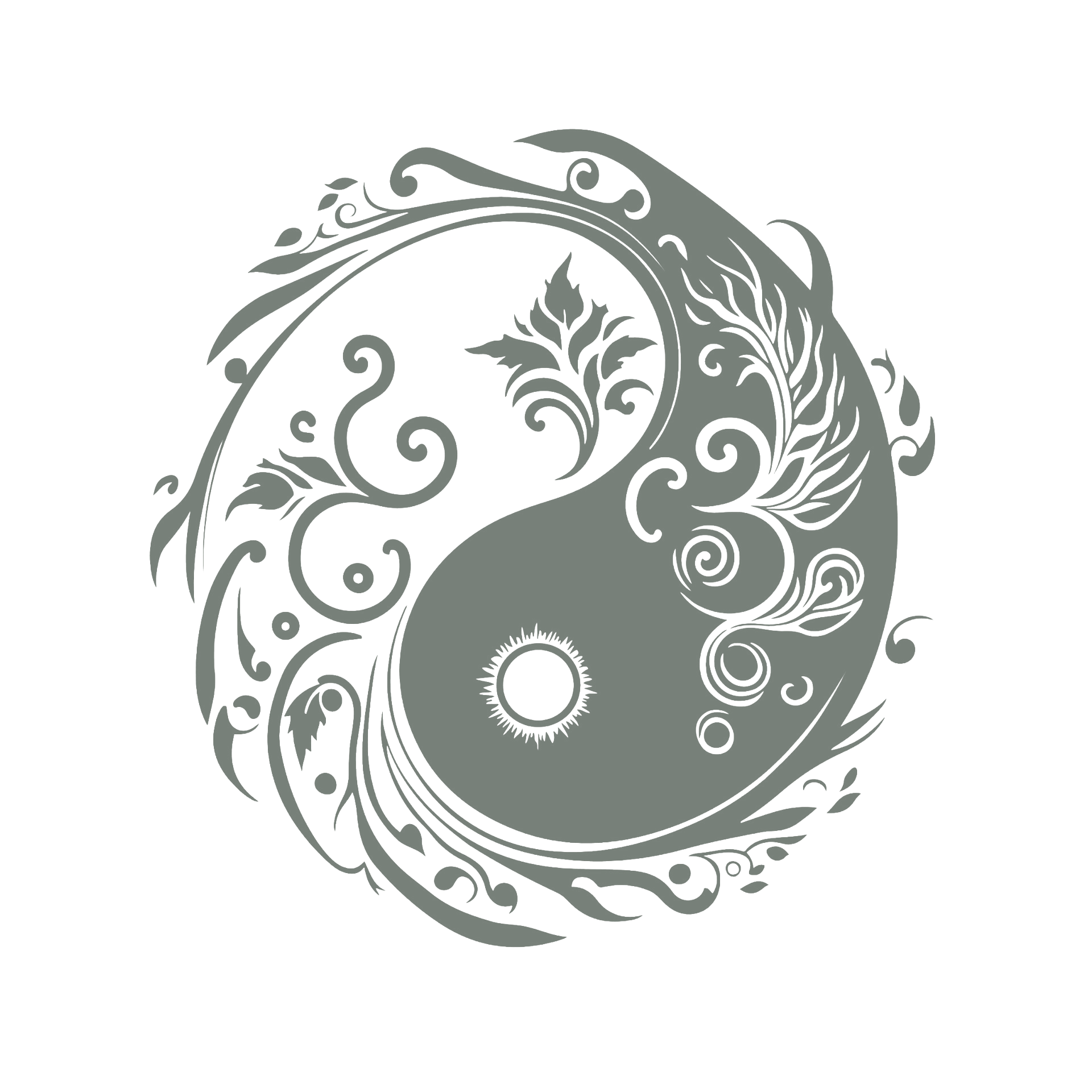 Yin-Yang-Symbol mit Baum- und Naturelementen im Design auf schwarzem Hintergrund.