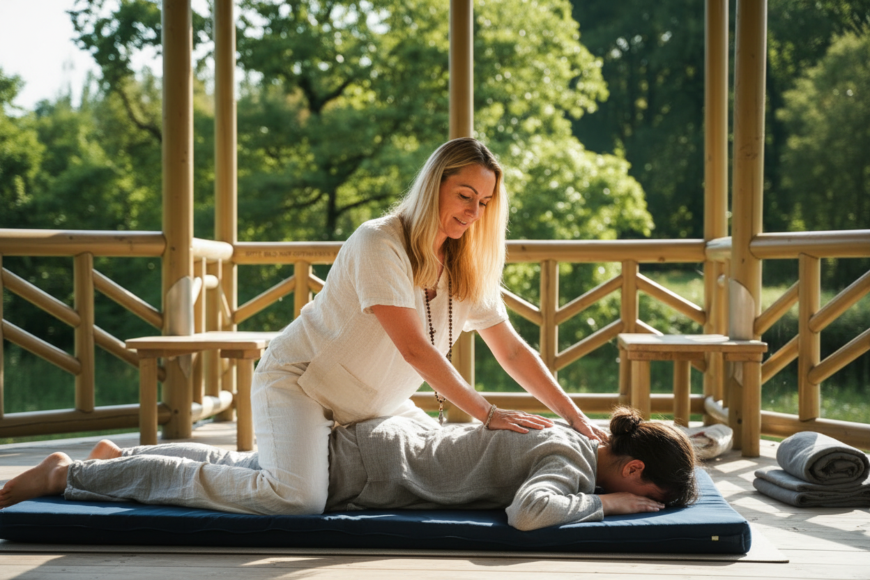 Eine Frau führt eine Rückenmassage an einer anderen Frau auf einer Matte im Freien durch, umgeben von grünen Bäumen.