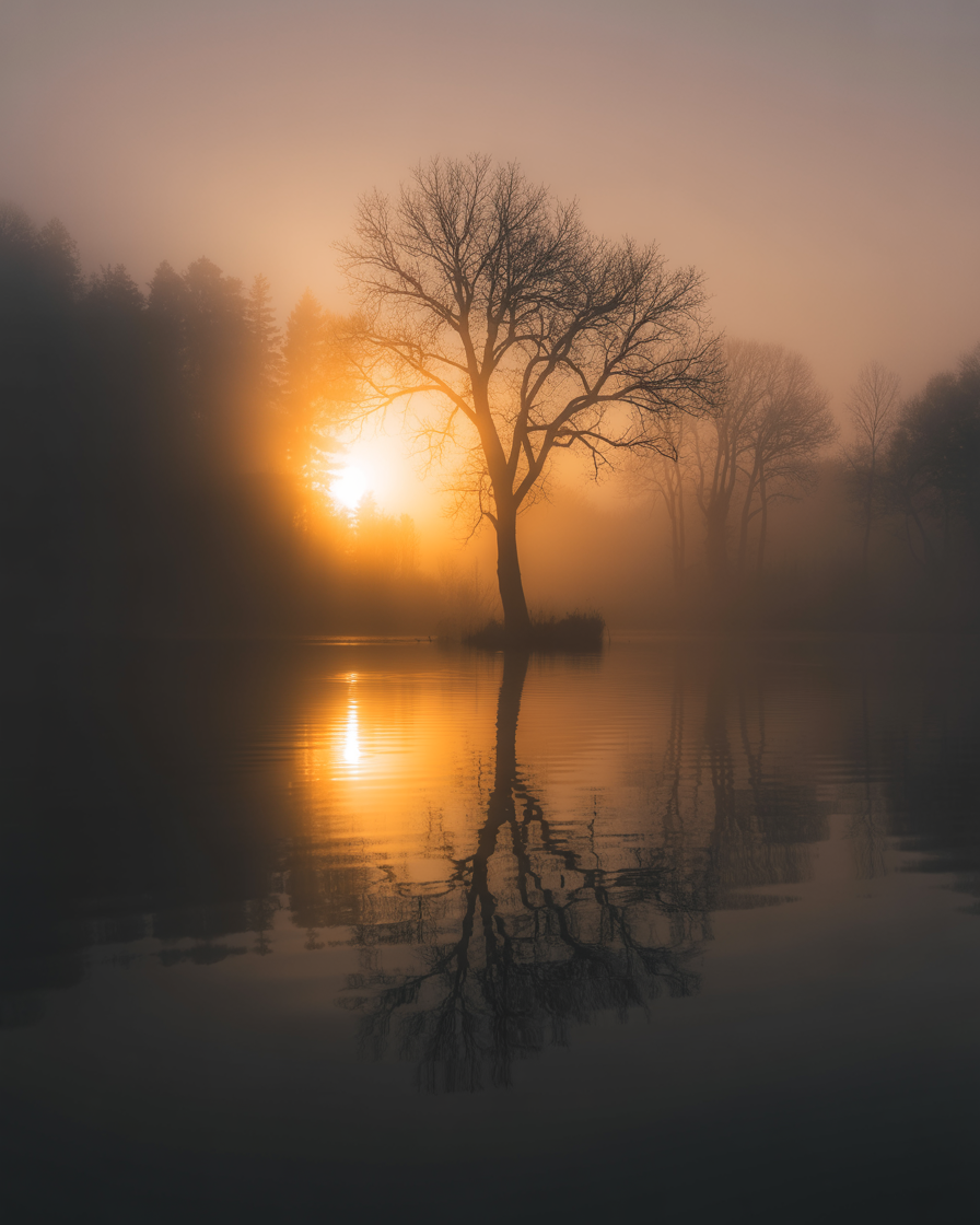 A barren tree standing in the middle of a calm lake at sunrise, with mist in the air and trees in the background, and their reflection visible in the water.