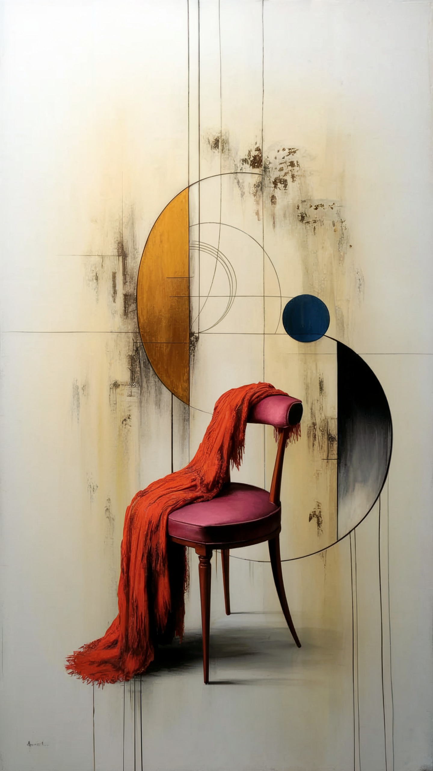 A pink upholstered chair with a black cylindrical pillow, draped with an orange scarf, set against an abstract geometric background with circles and lines in beige, brown, black, and blue tones.