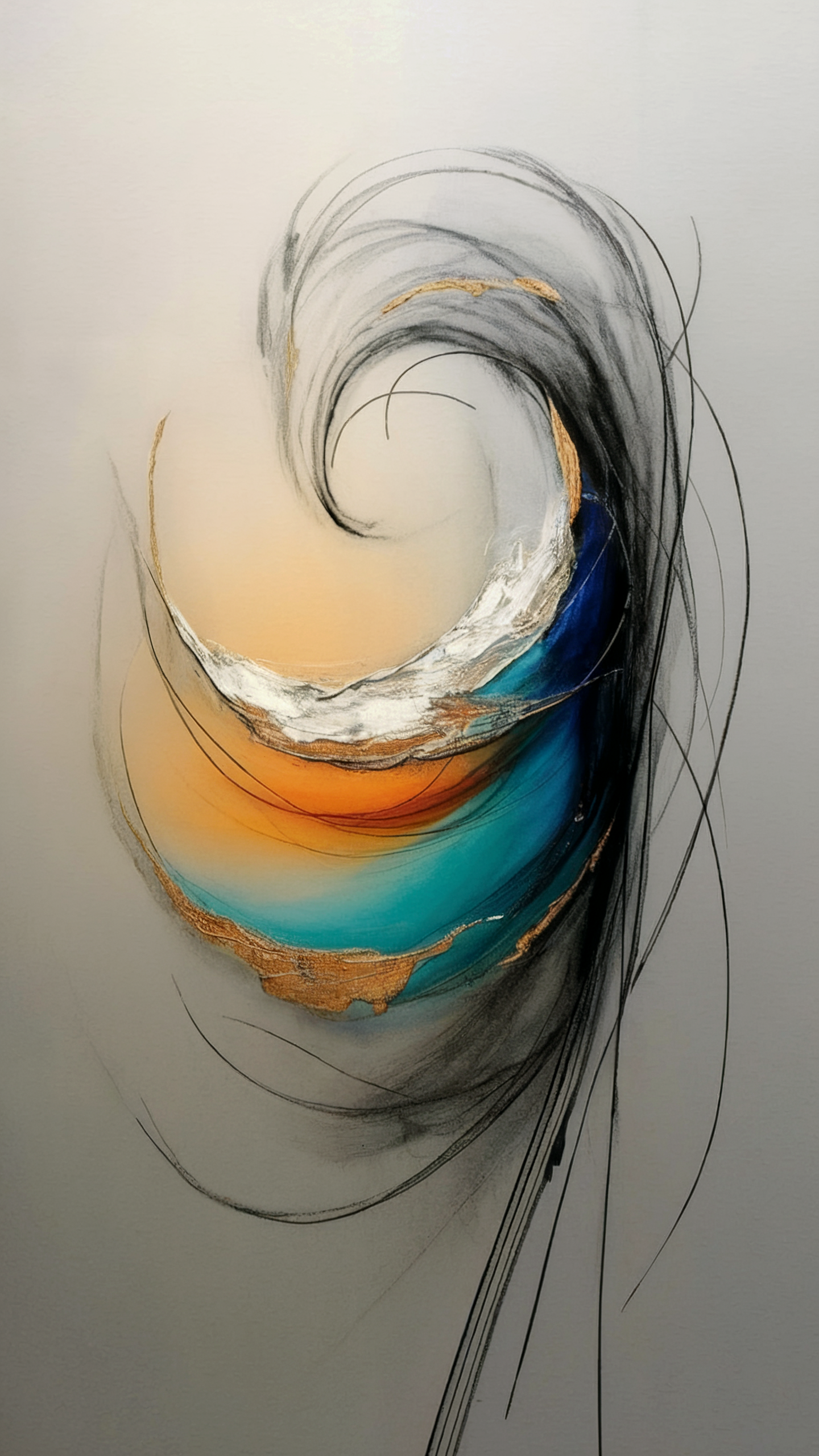 Abstract painting with swirling shapes in shades of black, white, blue, orange, gold, and beige.