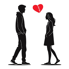 Silhouettes of a man and woman standing apart with a broken heart symbol above them.