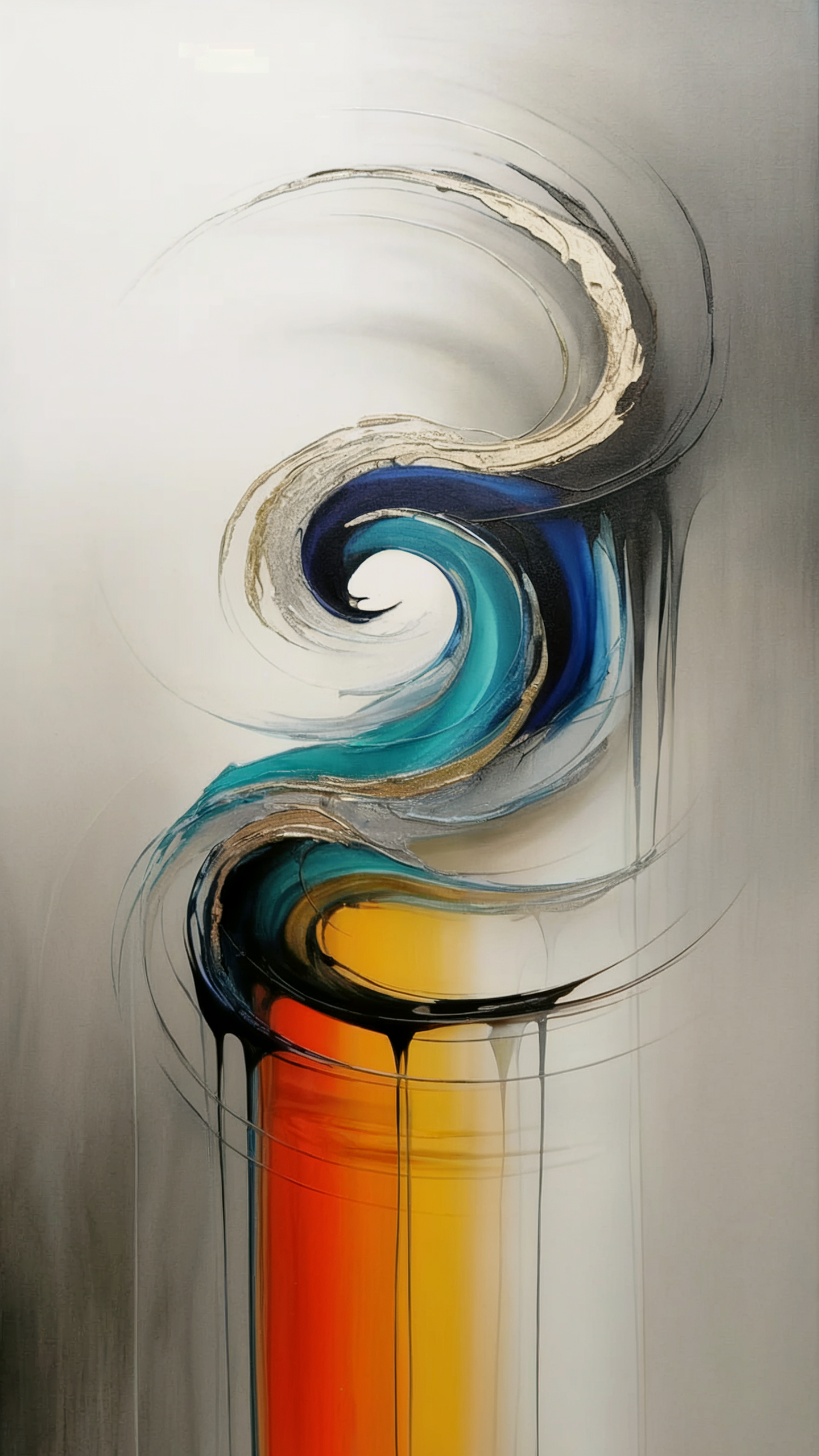 Abstract painting with swirling colors of white, black, blue, yellow, orange, and gray.