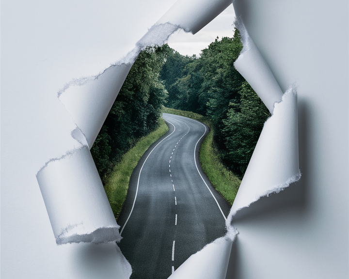 A winding country road surrounded by trees seen through a torn hole in white paper.