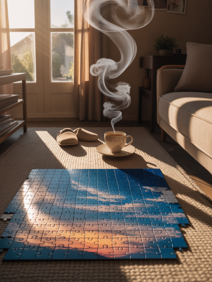 A room with a partially completed jigsaw puzzle of a sunset sky on the floor, a steaming cup of coffee on a saucer, a pair of slippers, and sunlight coming through the window.
