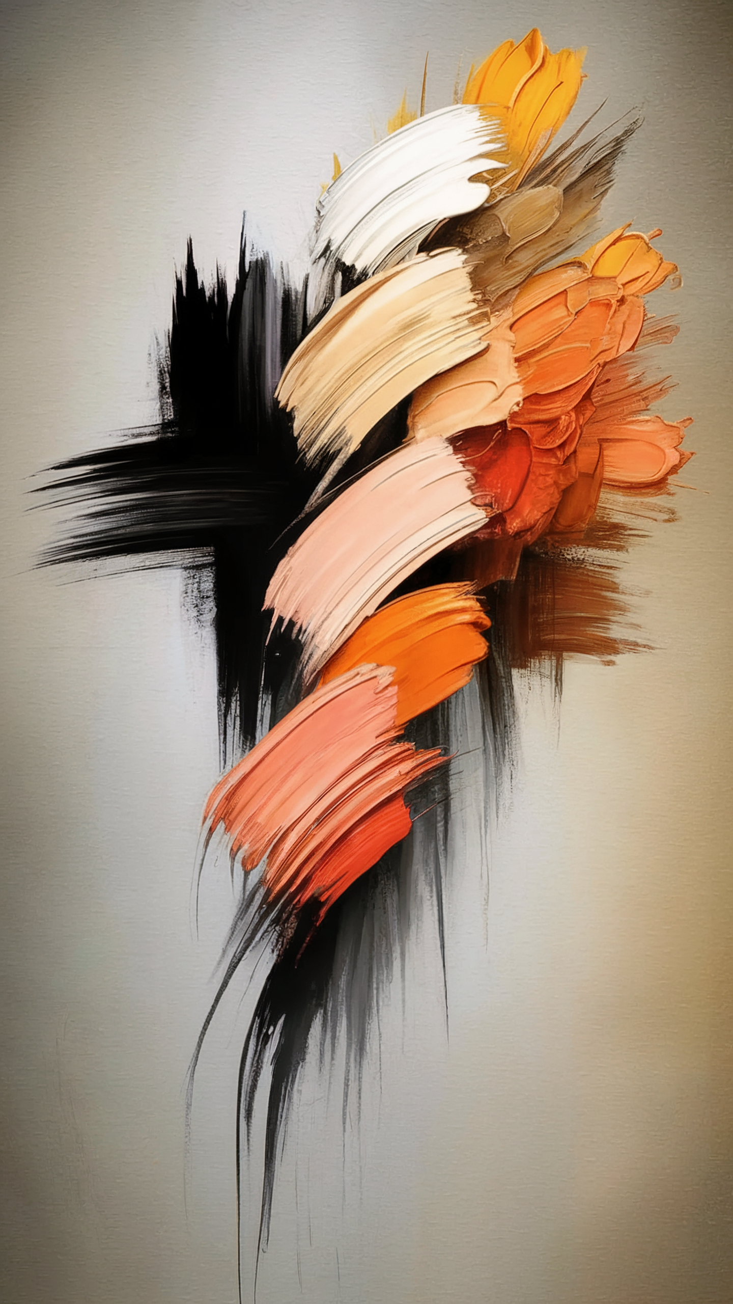 Abstract painting with bold brushstrokes in black, white, beige, peach, orange, and brown on a neutral background.
