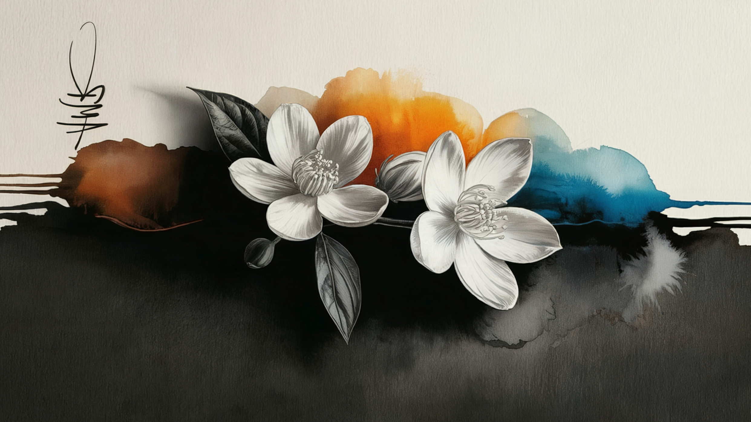 Abstract floral artwork with black, white, and watercolor-like orange, blue, and beige backgrounds, featuring white flowers with detailed petals and dark leaves.