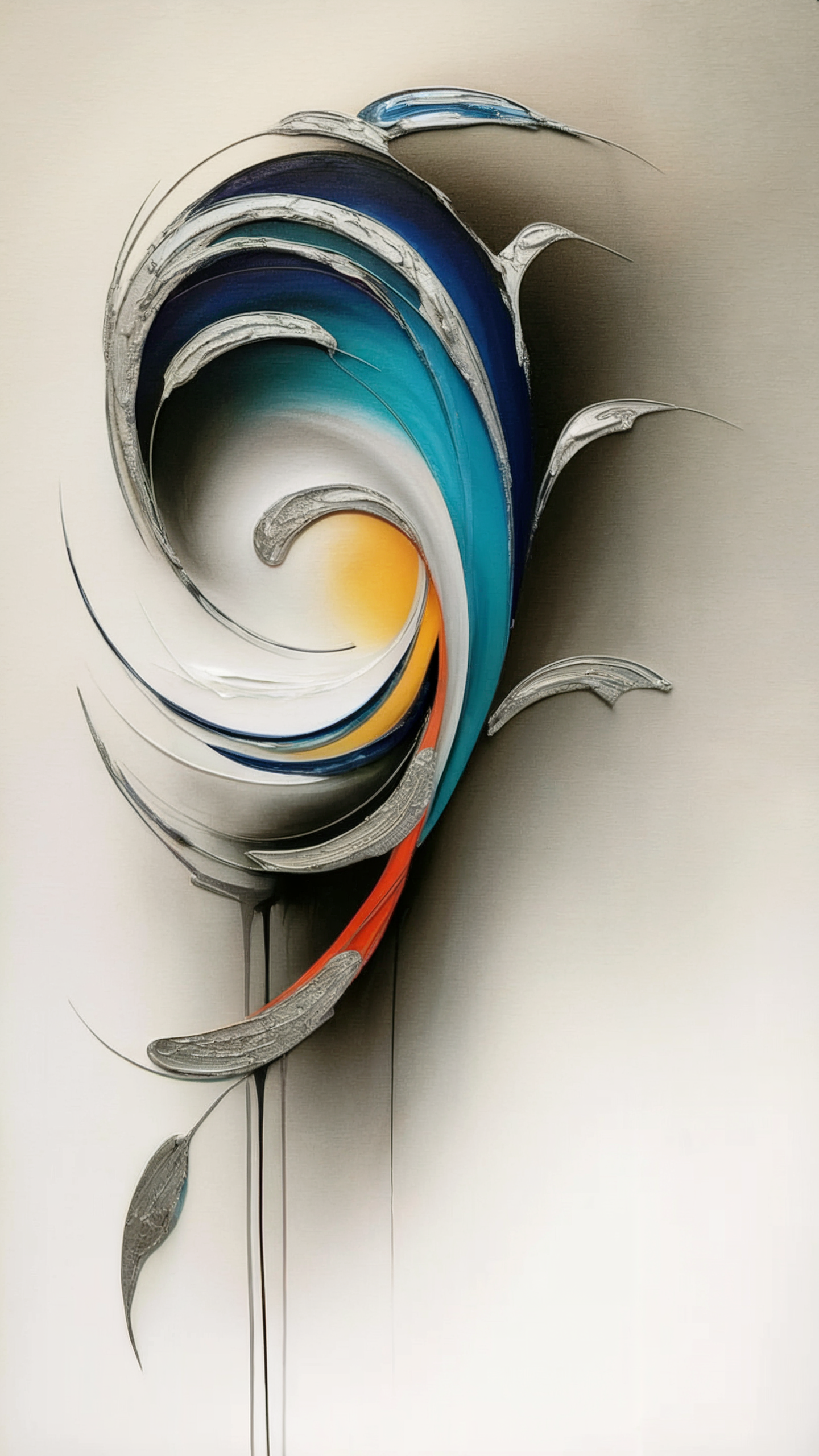 Abstract artwork resembling a stylized tulip, with swirling metallic silver, blue, white, yellow, and orange colors, on a white and gray background.