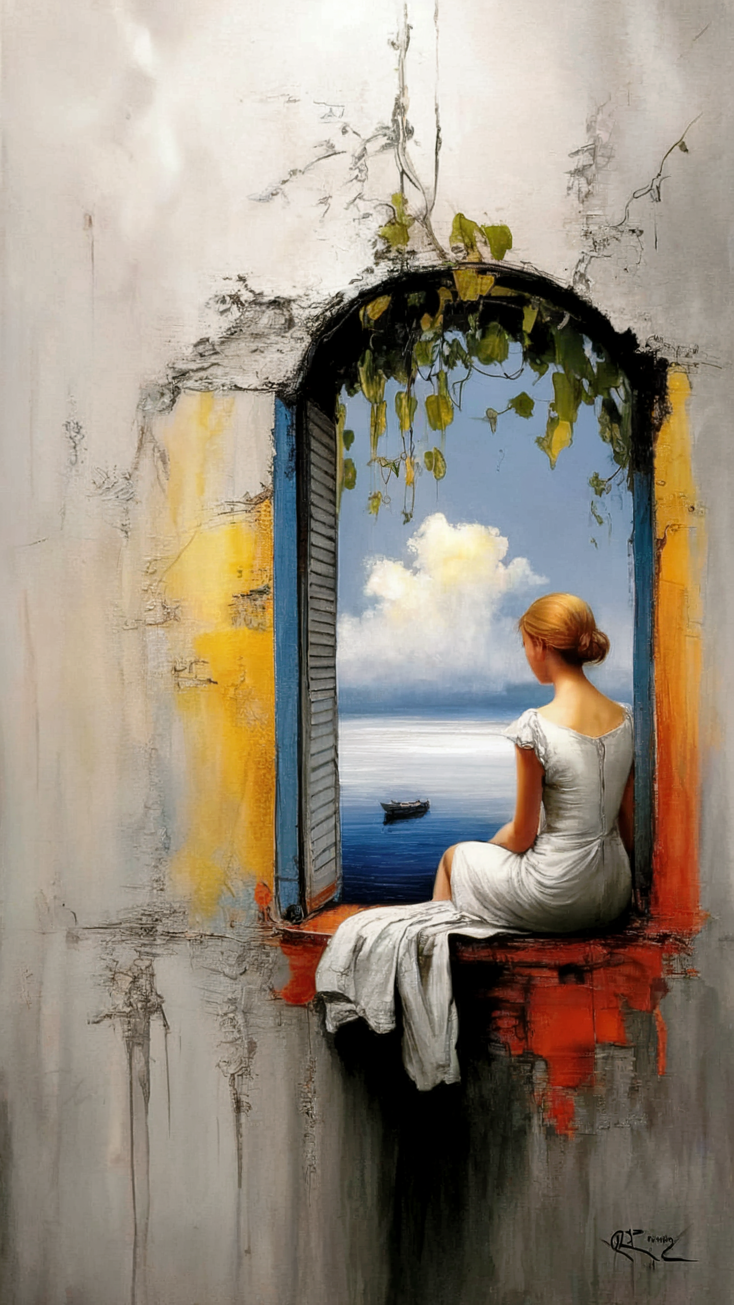 A woman in a white dress sitting on a windowsill, looking out at the sea and a boat, framed by an arched window with open shutters, surrounded by textured wall and hanging vines.