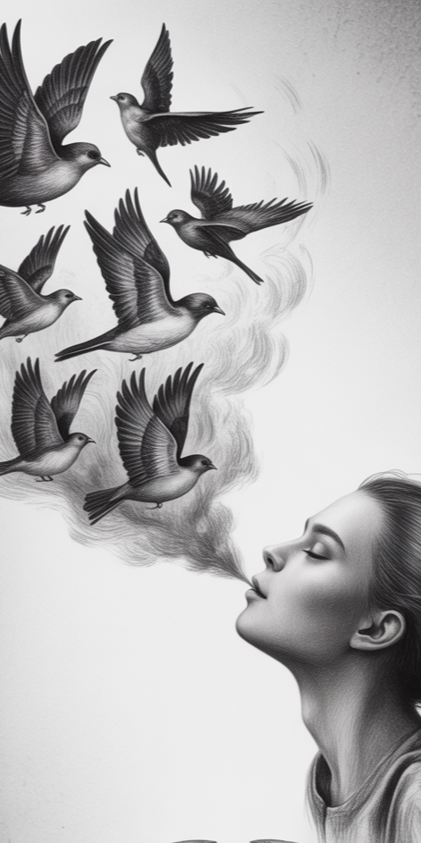 A woman with closed eyes is depicted in a black and white illustration, with steam or smoke coming from her mouth forming an array of flying birds.