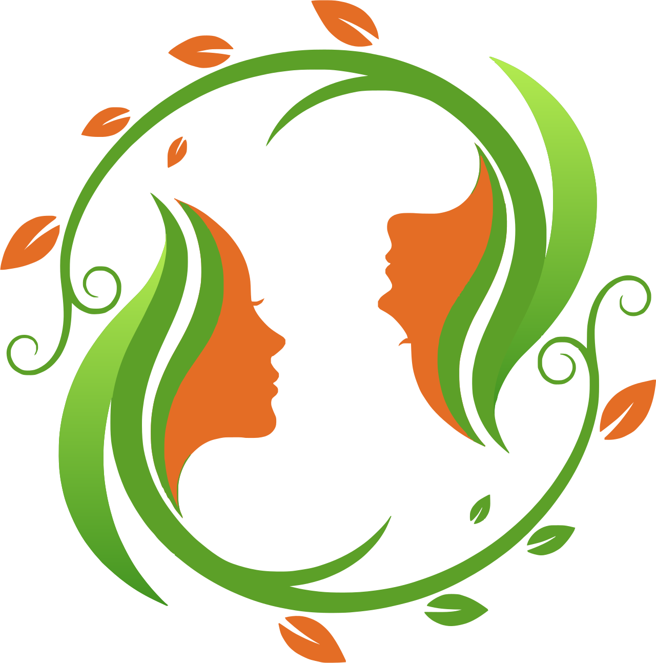A stylized logo featuring two female silhouettes facing each other with flowing hair made of green leaves and swirls, forming a circular composition.