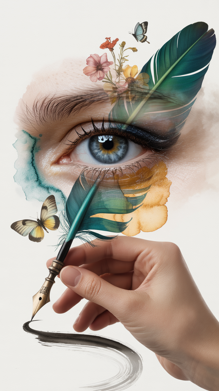 A surreal digital artwork featuring a human eye with a hand holding a calligraphy pen, creating a black ink stroke. The eye is surrounded by colorful watercolor-like splashes, a large green leaf, pink and yellow flowers, and butterflies, blending elements of nature and art.