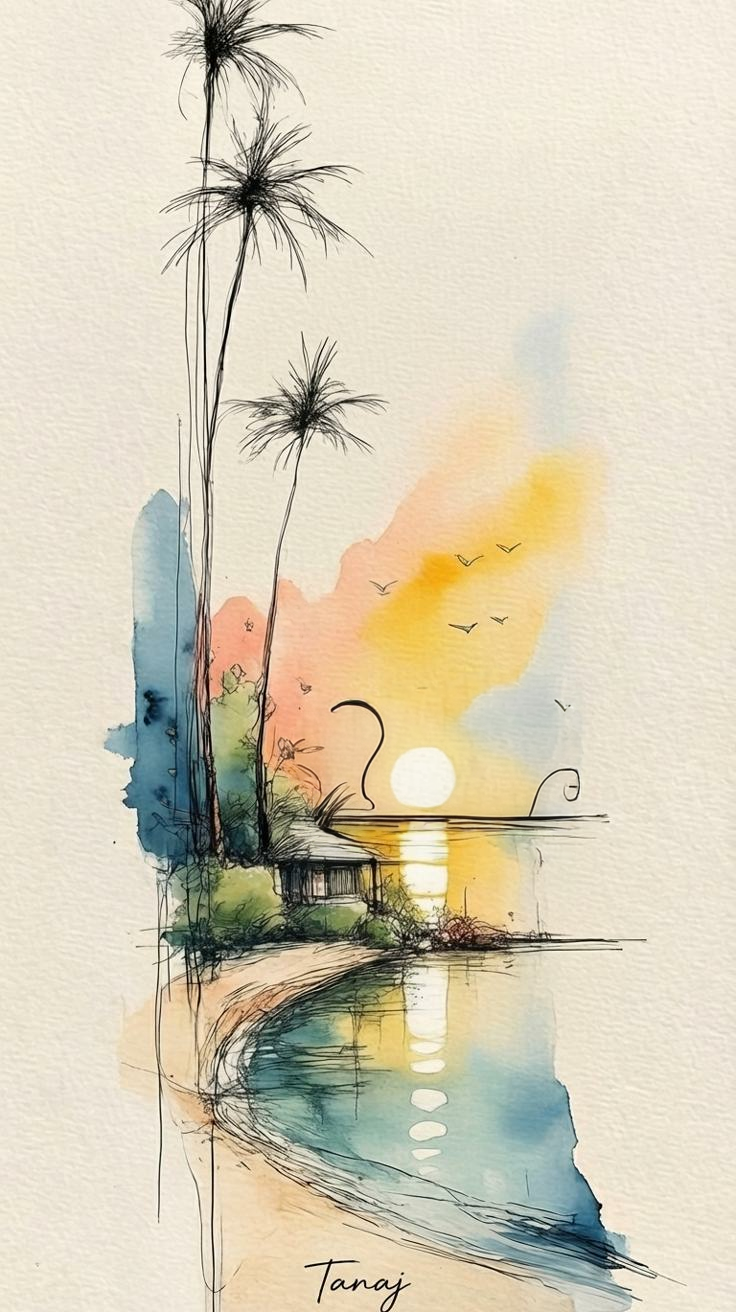 A watercolor and ink sketch of a beach scene with tall palm trees, a small hut, a curved shoreline, and a sunset with birds flying in the sky.