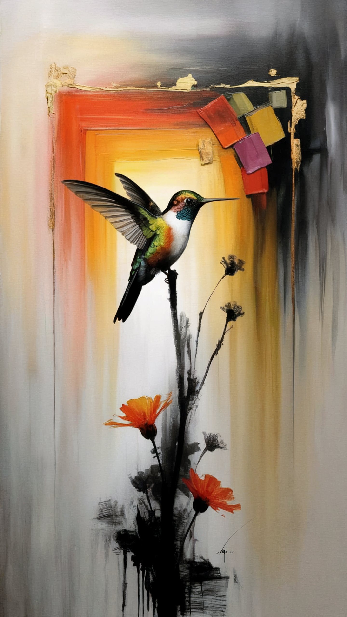 A painting of a hummingbird with colorful feathers perched on a branch with orange flowers, with a vibrant, abstract background featuring warm and dark colors.