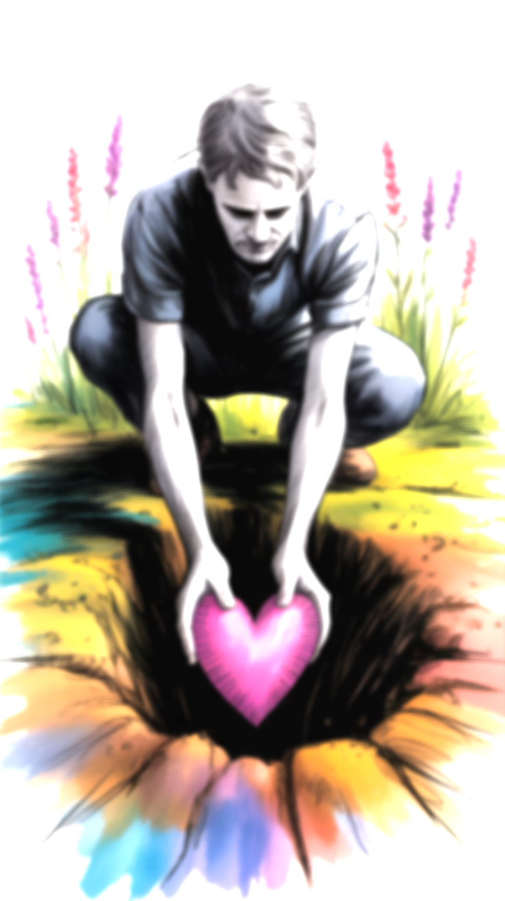 A person crouching down and holding a pink heart-shaped object over a hole in the ground, with colorful abstract background and flowers.